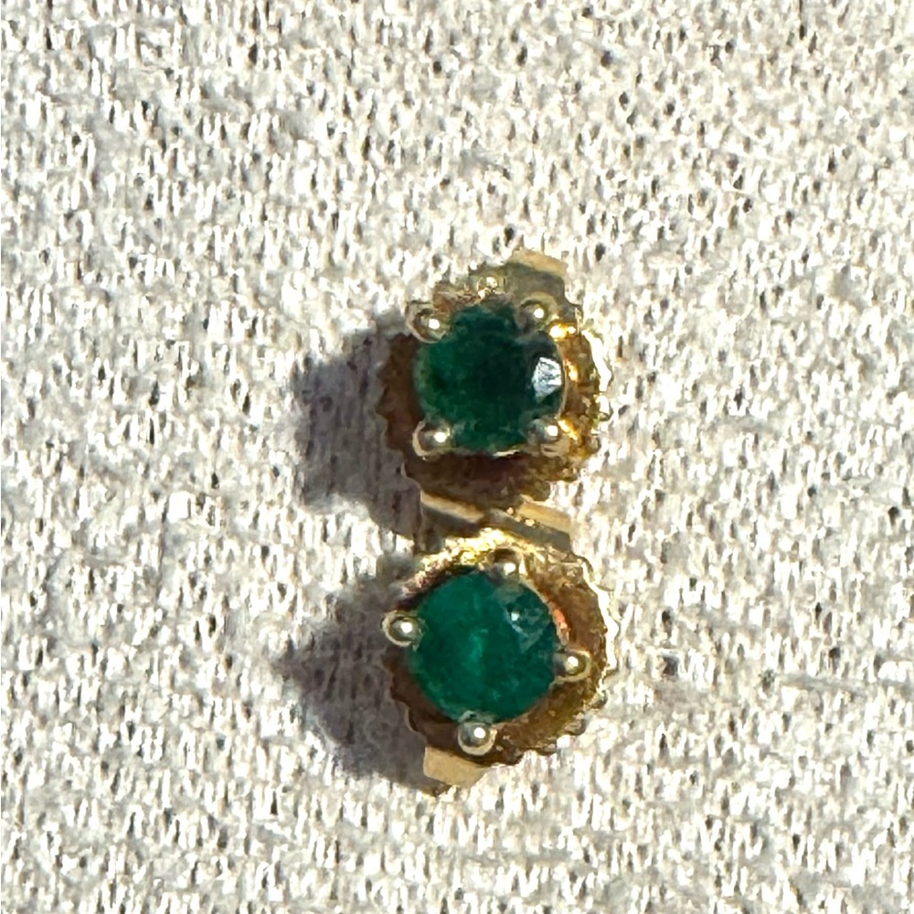 Emerald stud earrings dainty vintage 14k gold